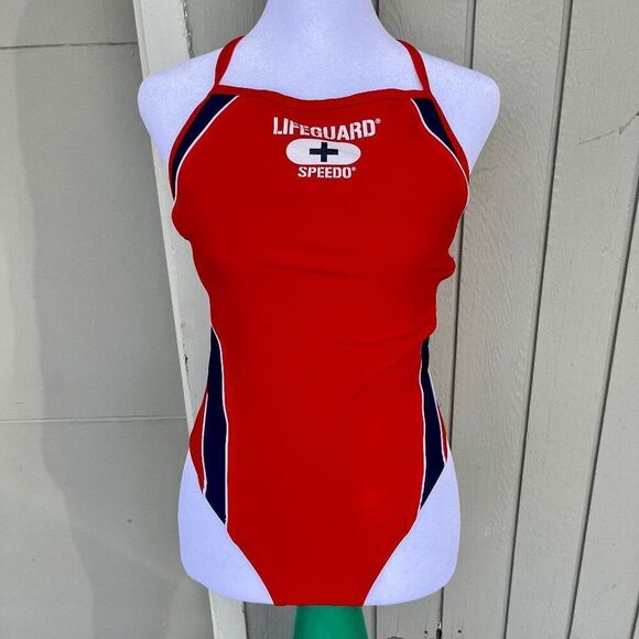 Vintage Y2K Speedo Lifeguard Swimsuit 8/34 Strappy One-Piece 90s Red Navy - Picture 9 of 13